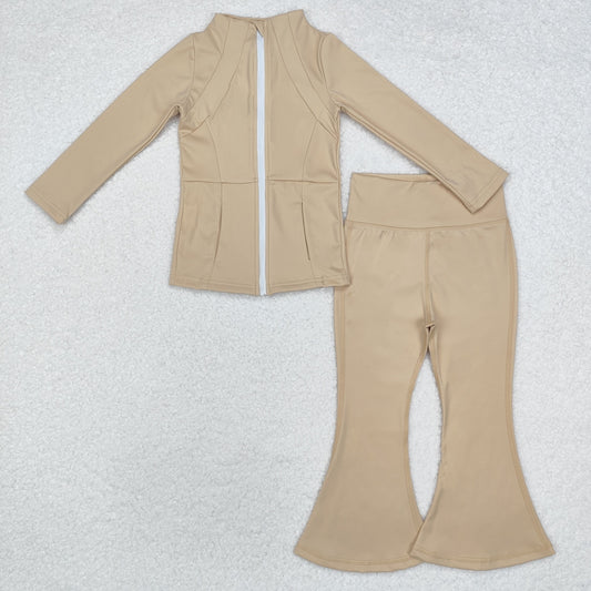 RTS NO MOQ ETA 5/7days GT0681+P0574 Beige yoga wear zipper long sleeve top trousers sets