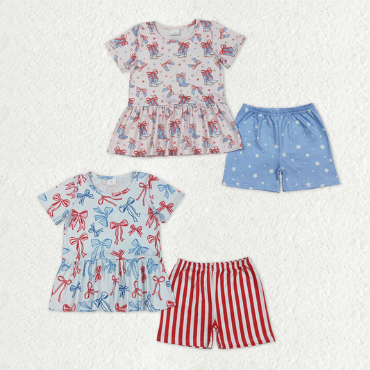 RTS Sibling baby girl clothes national day bow Short Sleeve Shorts sets