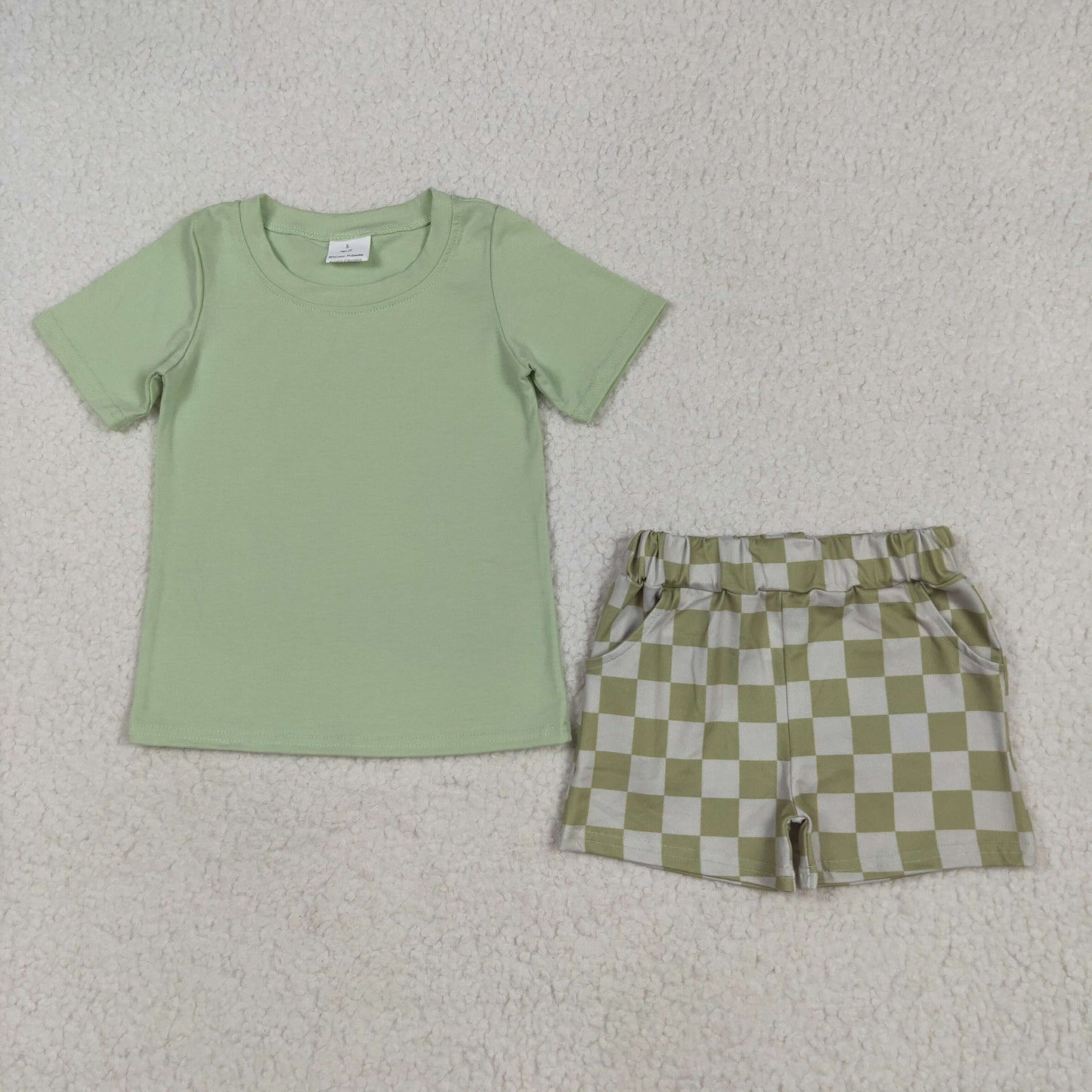 RTS NO MOQ BSSO1470 Pure green short-sleeved plaid shorts set