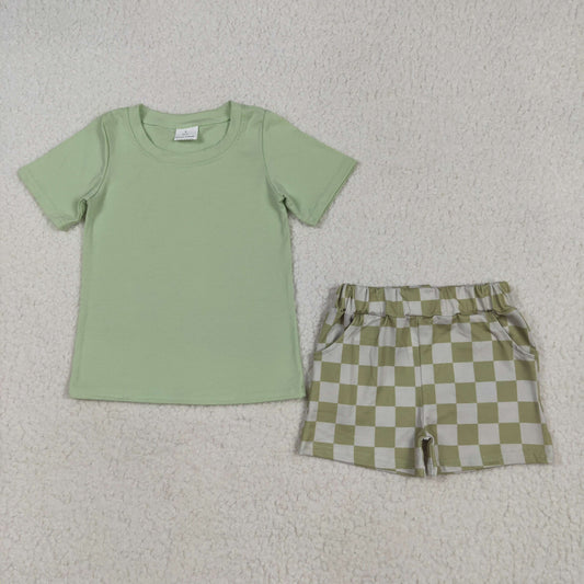 RTS NO MOQ BSSO1470 Pure green short-sleeved plaid shorts set