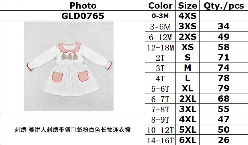 RTS NO MOQ ETA 5/7days arrived GLD0765 Embroidered gingerbread man embroidered collar pocket pink and white long-sleeved dress