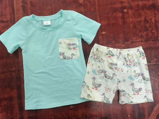 custom moq 5 eta 5weeks mix size summer boys clothes duck teal short sleeve shorts sets