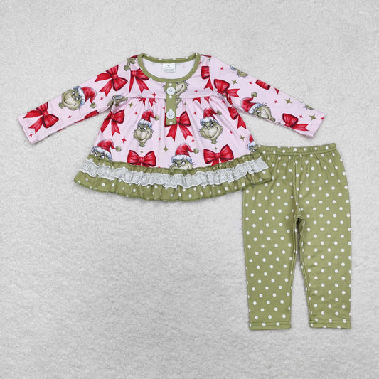 rts no moq GLP1671 Grinch bow pattern original green lace pink long-sleeved trousers suit