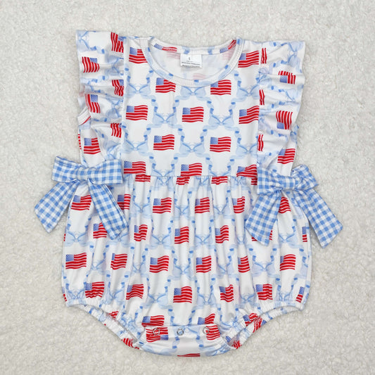 RTS NO MOQ ETA 5/7days arrived SR2353 National Day flag blue plaid bow pattern vest jumpsuit