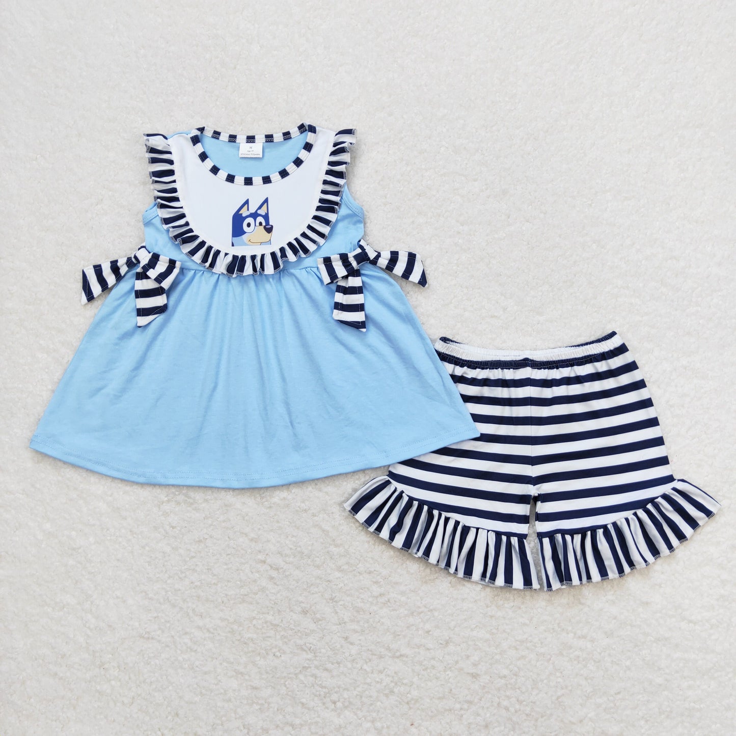 GSSO0751 bluey striped lace bow blue sleeveless shorts suit