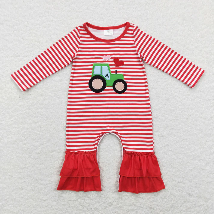 RTS NO MOQ Valentine Embroidery love red striped long sleeve pants and rompers Boys & Girls