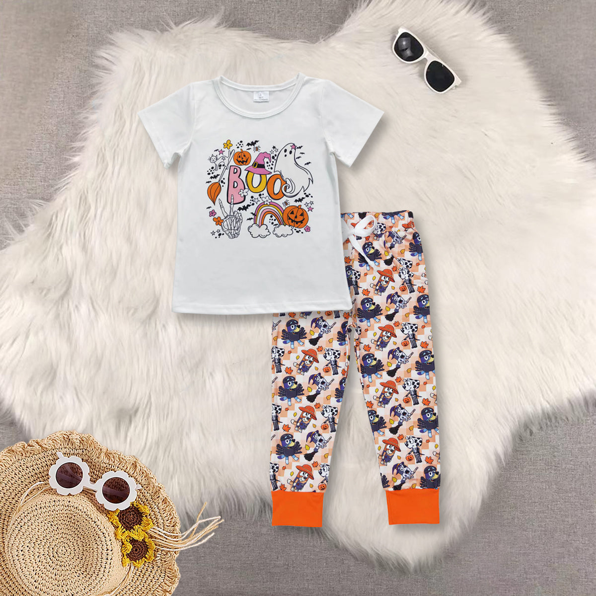 RTS NO MOQ Sibling baby boy clothes BOO halloween short-sleeved top lace trousers sets and top and pants