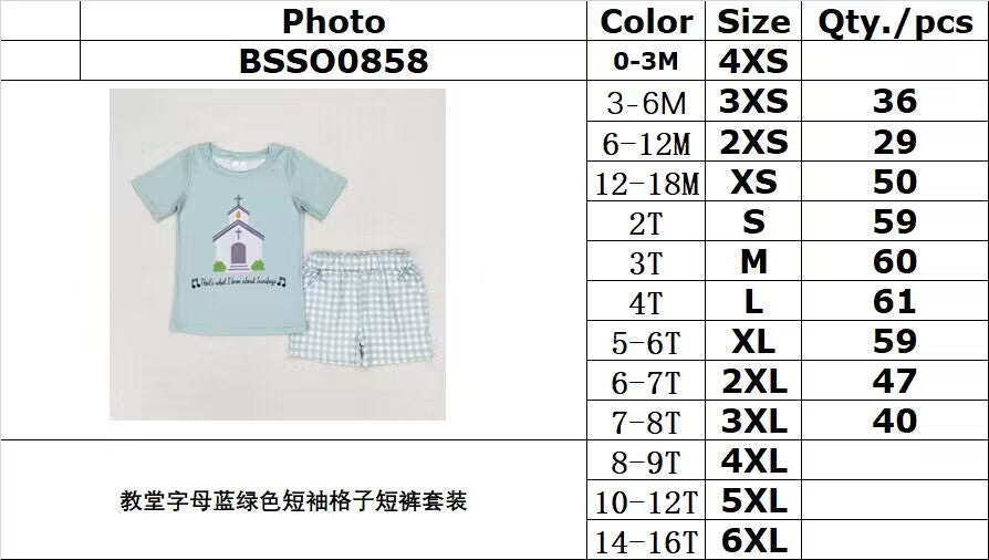RTS no moq BSSO0858 Church Letters Teal Short Sleeve Plaid Shorts Suit