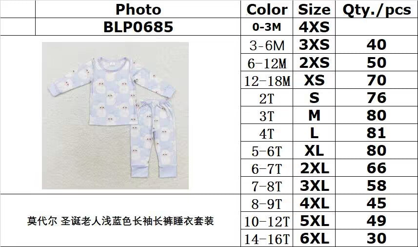 bamboo rts no moq BLP0685 Modal Santa Claus light blue long-sleeved and long-pants pajama set