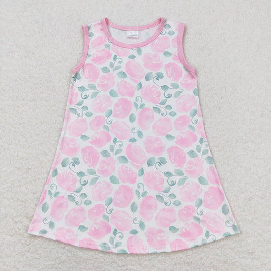 GSD1045 Flowers and leaves pink sleeveless dress