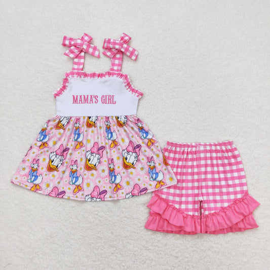 GSSO0820 mama's girl embroidered letter flowers Donald Duck rose red plaid lace suspender shorts suit