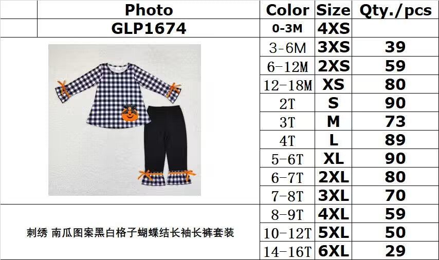 rts no moq GLP1674 Embroidered pumpkin pattern black and white plaid bow long sleeve pants set