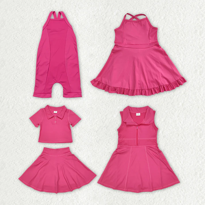 RTS NO MOQ Pure Rose Pink Yoga Wear Series Mixed Set: Short Skirt Set & Dress & Jumpsuit