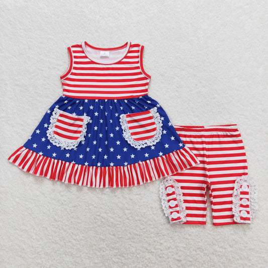 GSSO0855 Star red and white striped pocket lace blue sleeveless shorts suit