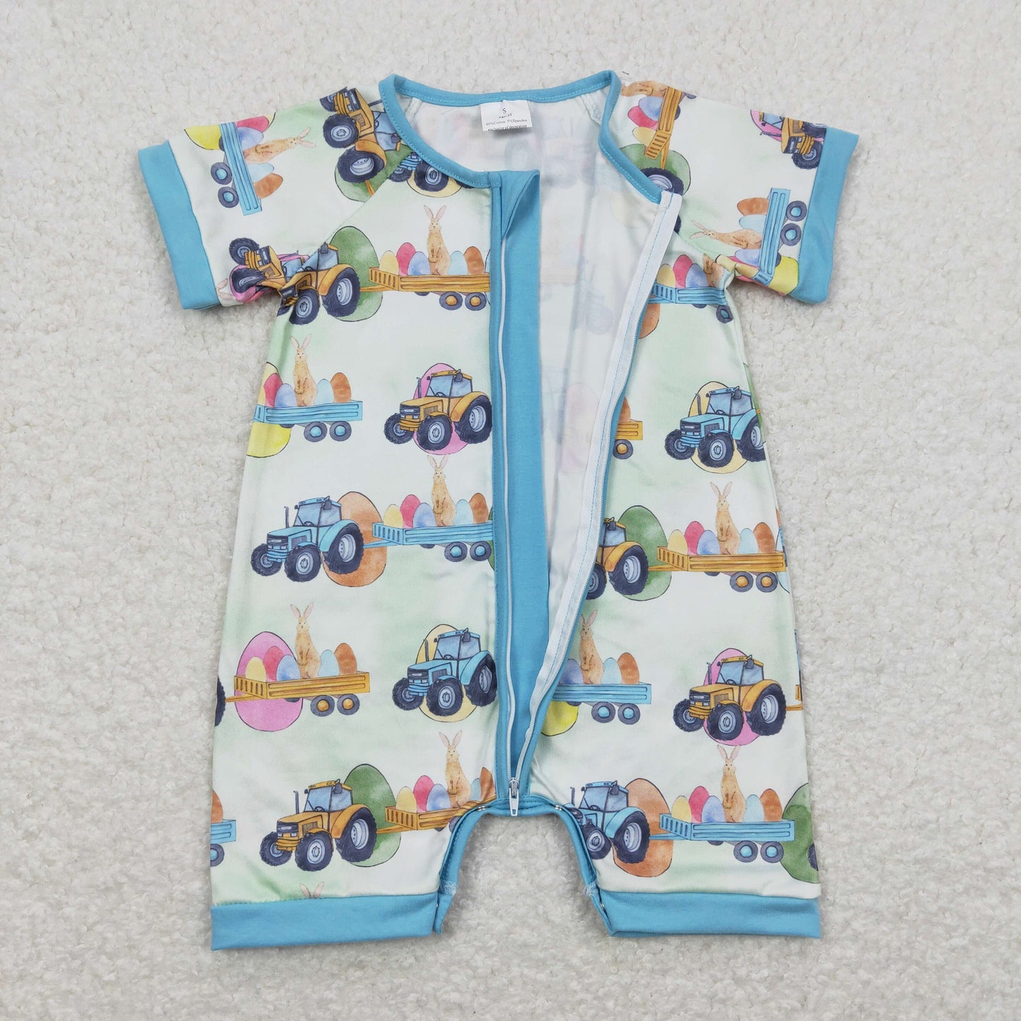 SR0883 Easter Egg Bunny Tractor Teal Zipper Short Sleeve Jumpsuit