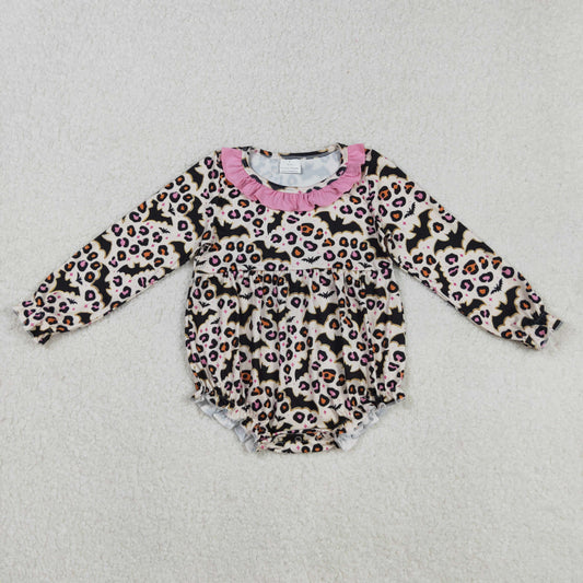 RTS NO MOQ（In Stock) LR2473 Halloween Bat Leopard Print Pink Lace Long-Sleeved Bodysuit