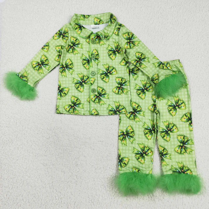 RTS NO MOQ Sibling baby girl clothes Christmas bow Plush long sleeve pants Sets