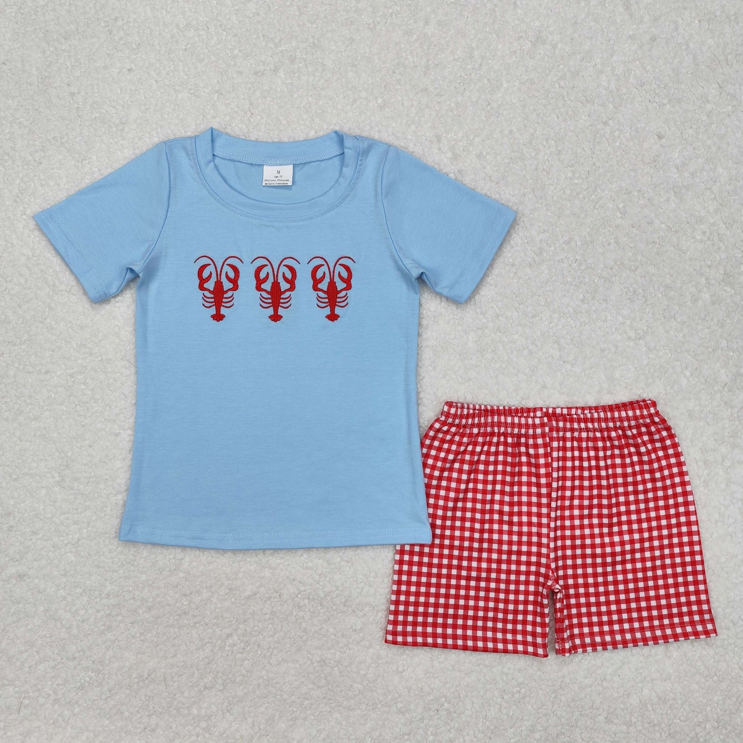 RTS NO MOQ ETA 5/7days Arrived BSSO1161 embroidery crayfish blue short-sleeved red plaid shorts suit