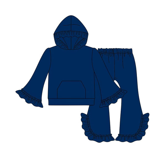 custom moq 3 cotton fabric eta 7-8weeks solid color navy blue lace hooded long-sleeved trousers suit