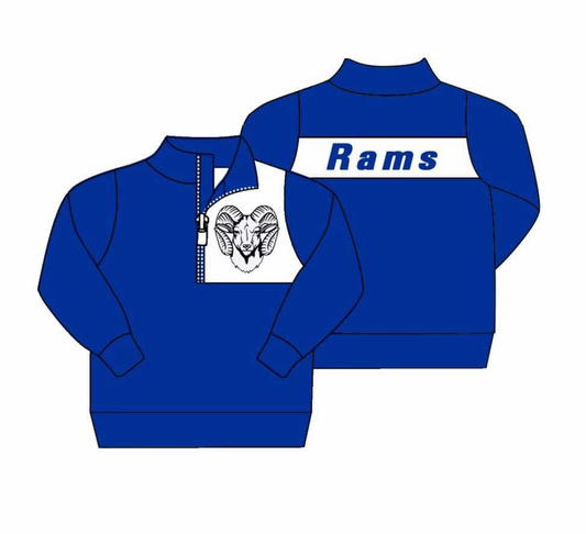 custom moq 3 eta 6-8weeks school colors are royal blue, white, silver. Joaquin Rams. pullover blue color