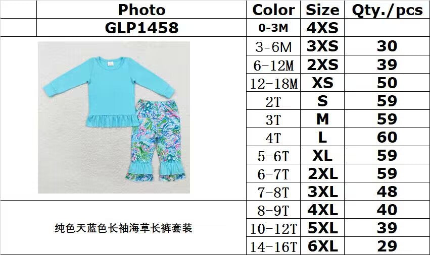 RTS NO MOQ ETA 5/7days Arrived GLP1458 solid sky blue long-sleeved seagrass trousers set