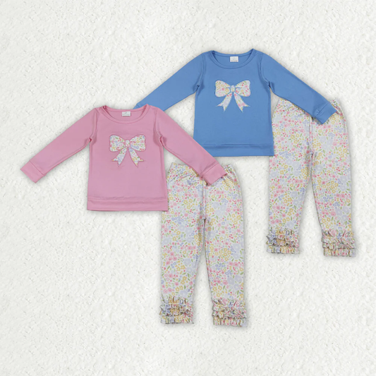 RTS NO MOQ baby girl clothes embroidery floral long sleeve pants sets and tops and pants