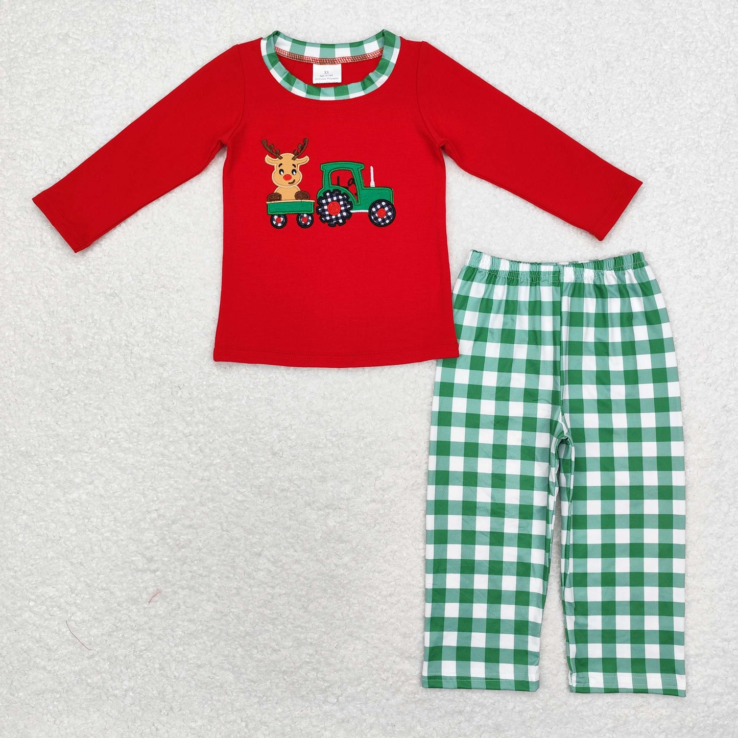 rts no moq BLP0611 Embroidered Christmas Reindeer Truck Red Long Sleeve Green Plaid Pants Set