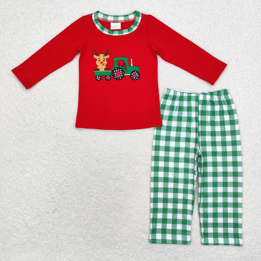 rts no moq BLP0611 Embroidered Christmas Reindeer Truck Red Long Sleeve Green Plaid Pants Set