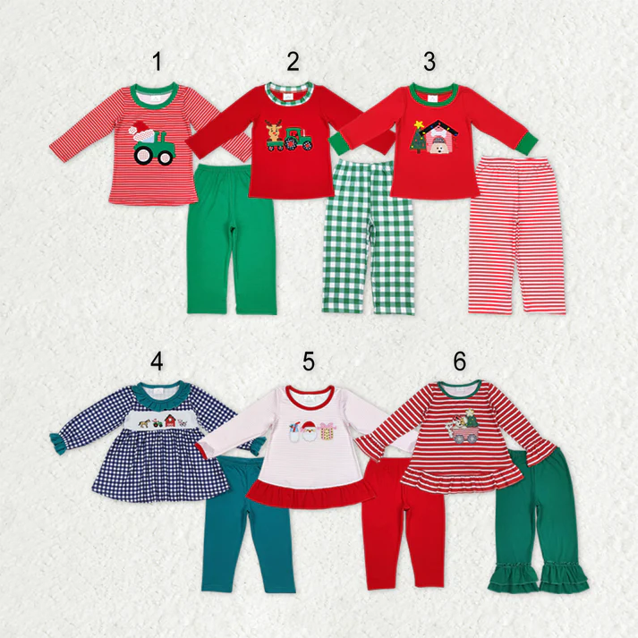 RTS NO MOQ Sibling Baby boy girl clothes Embroidery Christmas long-sleeved trousers suits