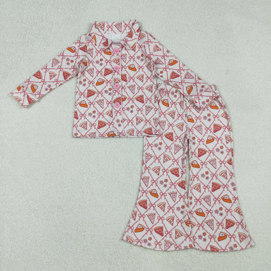RTS NO MOQ（In Stock) GLP2738 White long-sleeved trousers and pajama set with a cake flower and bow pattern