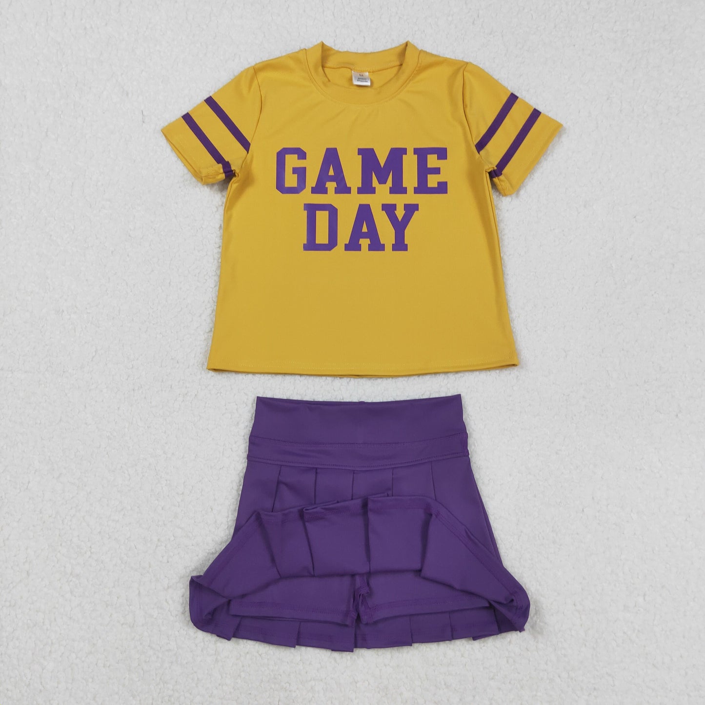RTS NO MOQ（In Stock) GT1100+GLK0086 Game Day Offset Purple Lettering Striped Yellow Yoga Short-Sleeved Top Pure Purple Yoga Skirt set
