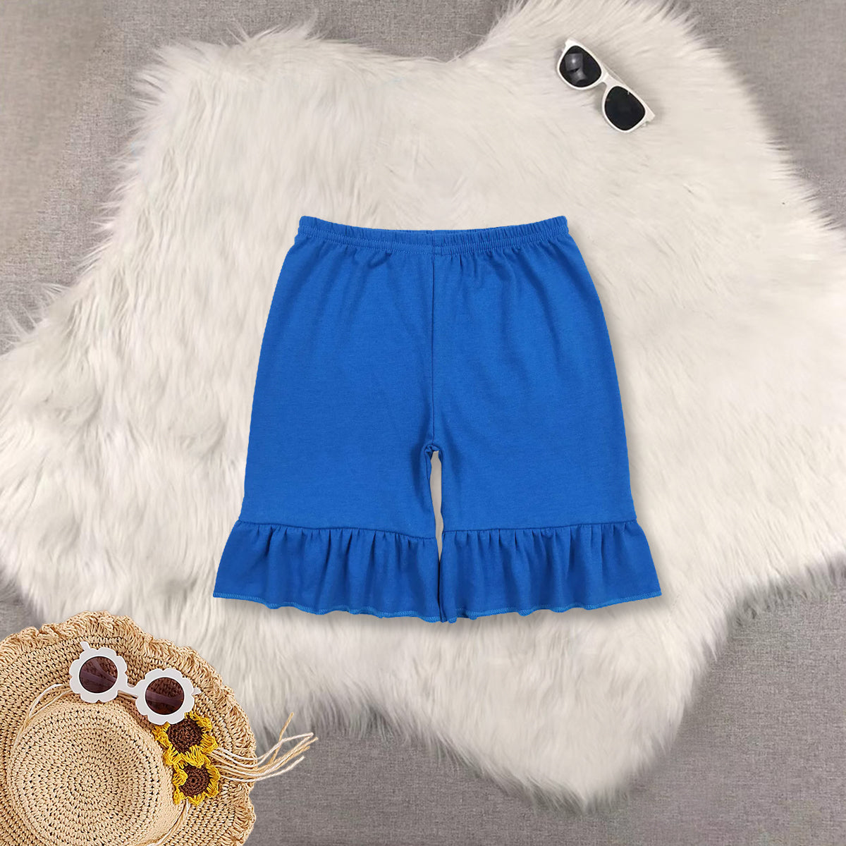 RTS NO MOQ Sibling baby girls clothes cheer blue short sleeve top shorts sets