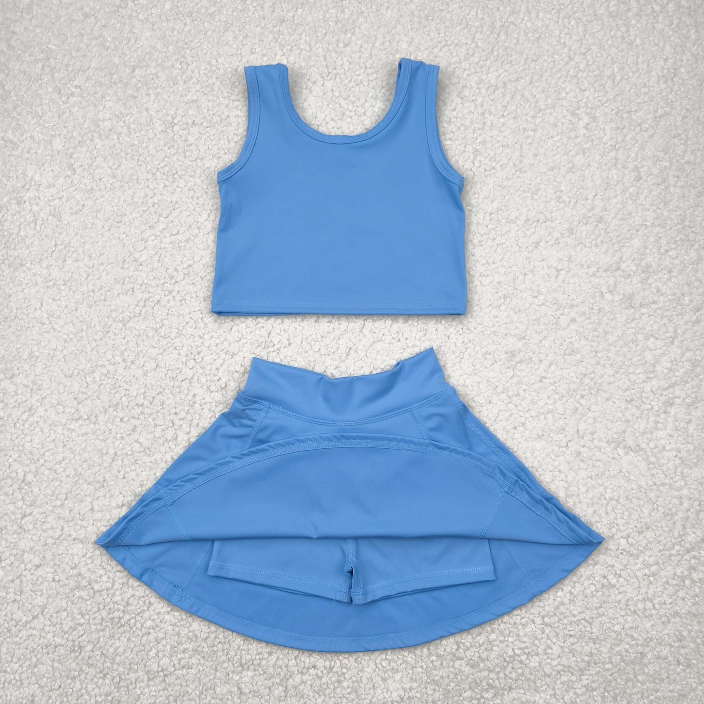 RTS NO MOQ GSD1985 Solid sky blue sleeveless skirt yoga set