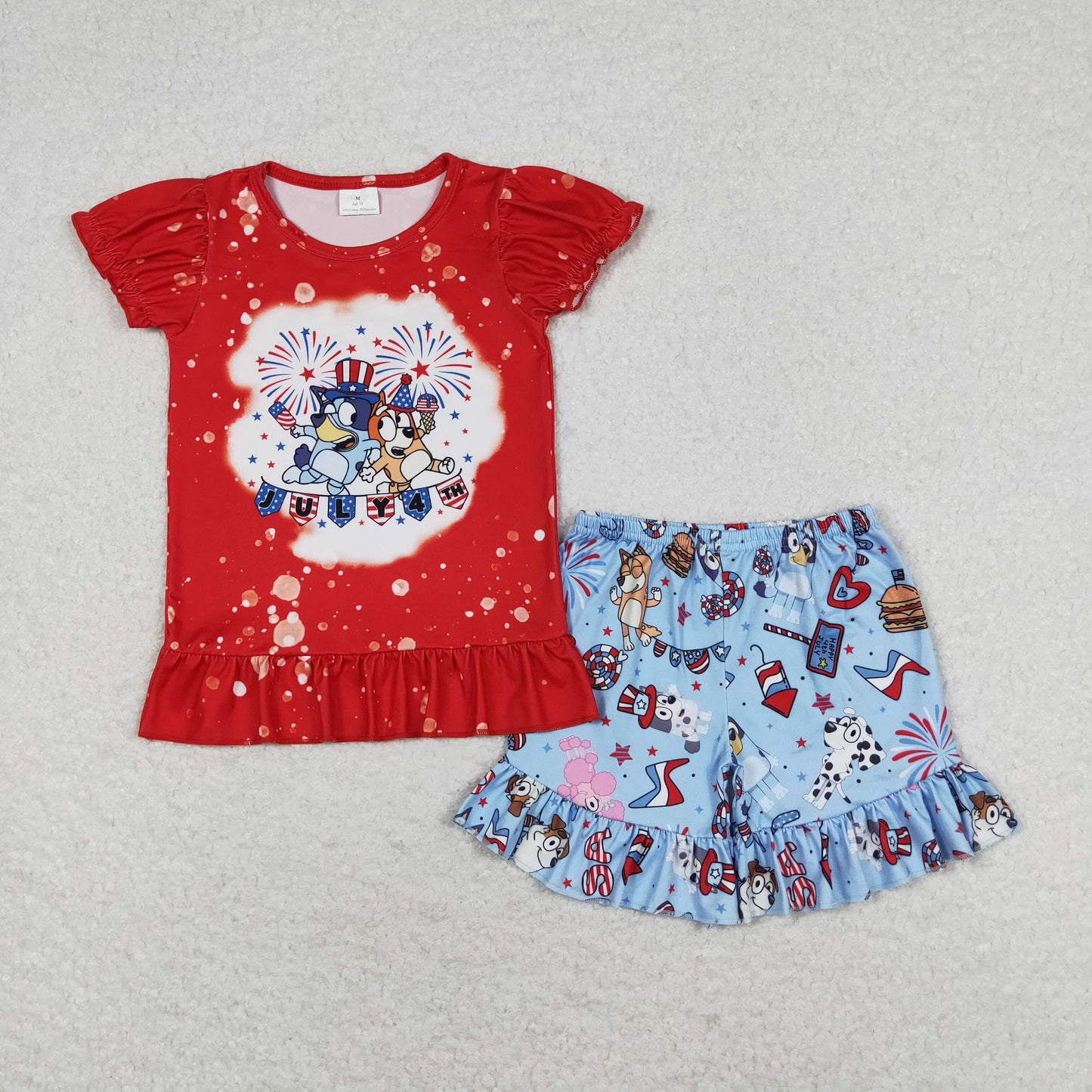 rts no moq GSSO0804 bluey fireworks red lace short-sleeved blue shorts suit