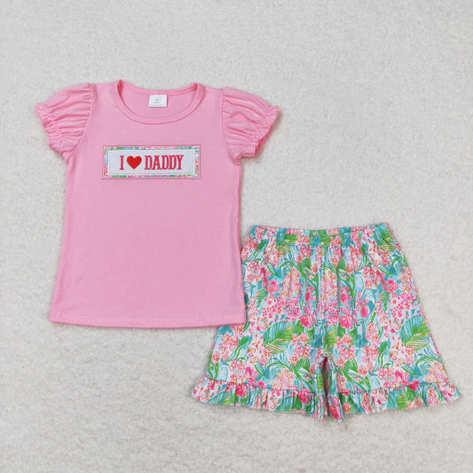 GSSO0658 I love daddy embroidered lettering pink short-sleeved patterned shorts set