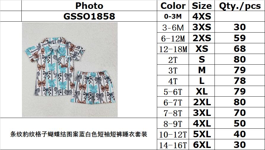 RTS NO MOQ ETA 5/7days Arrived GSSO1858 Striped leopard check bow pattern blue and white short-sleeved shorts pajama set