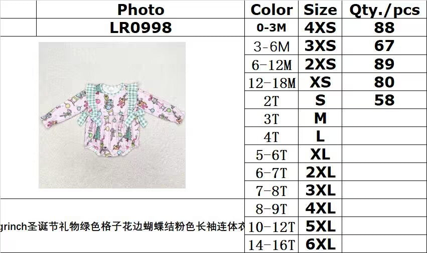 rts no moq LR0998 Grinch Christmas gift green plaid lace bow pink long sleeve jumpsuit