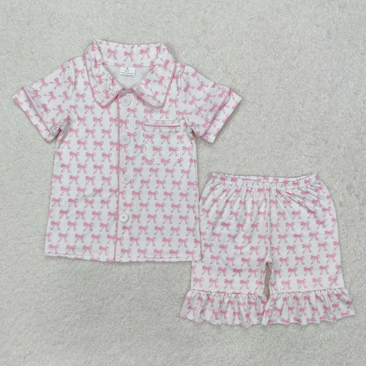 RTS NO MOQ ETA 5/7days Arrived GSSO1820 White short-sleeved shorts pajama set with bow pattern