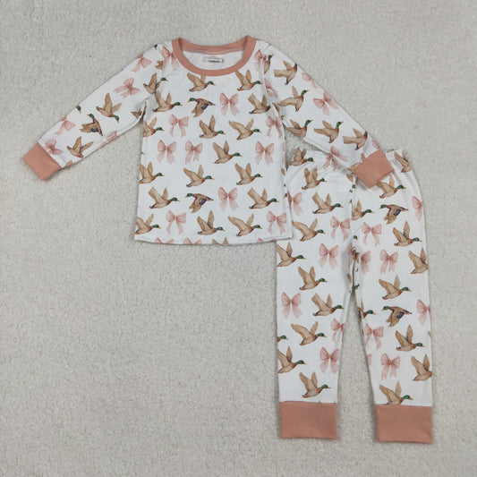 RTS NO MOQ（In Stock) GLP2687 White long-sleeved duck and bow pattern pajama set