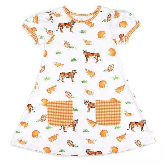 custom moq 3 eta 6-7weeks baby girls clothes tiger orange short sleeve Dress