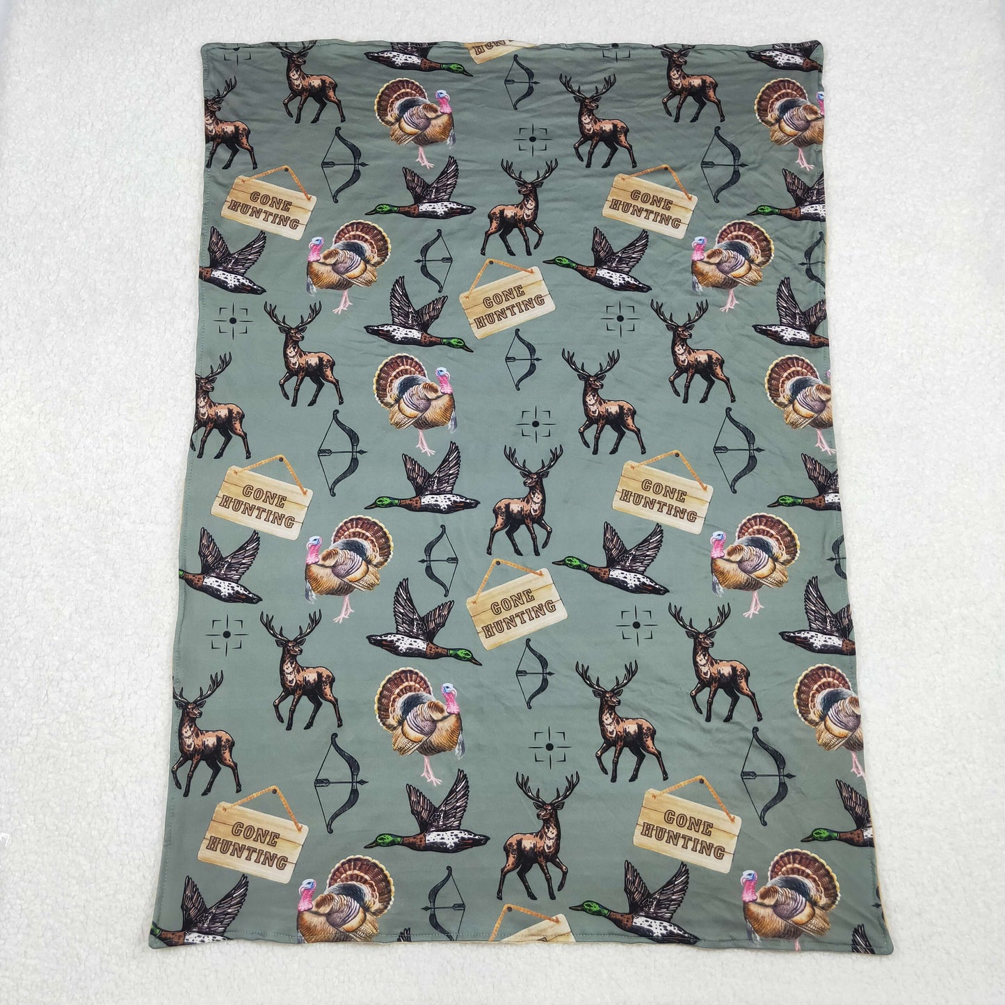 RTS NO MOQ（In Stock) BL0151 Gone Hunting green baby blanket with deer, duck, and turkey