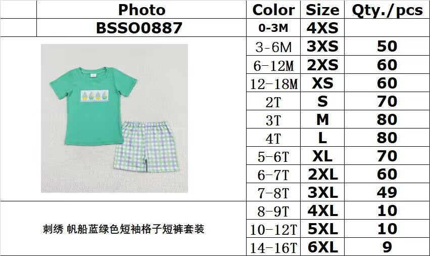 RTS NO MOQ BSSO0887 Embroidered sailboat blue-green short-sleeved plaid shorts set