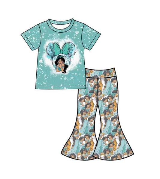 Custom moq 5 mix size milk silk baby girl clothes cartoon bow blue and green short sleeve pants sets