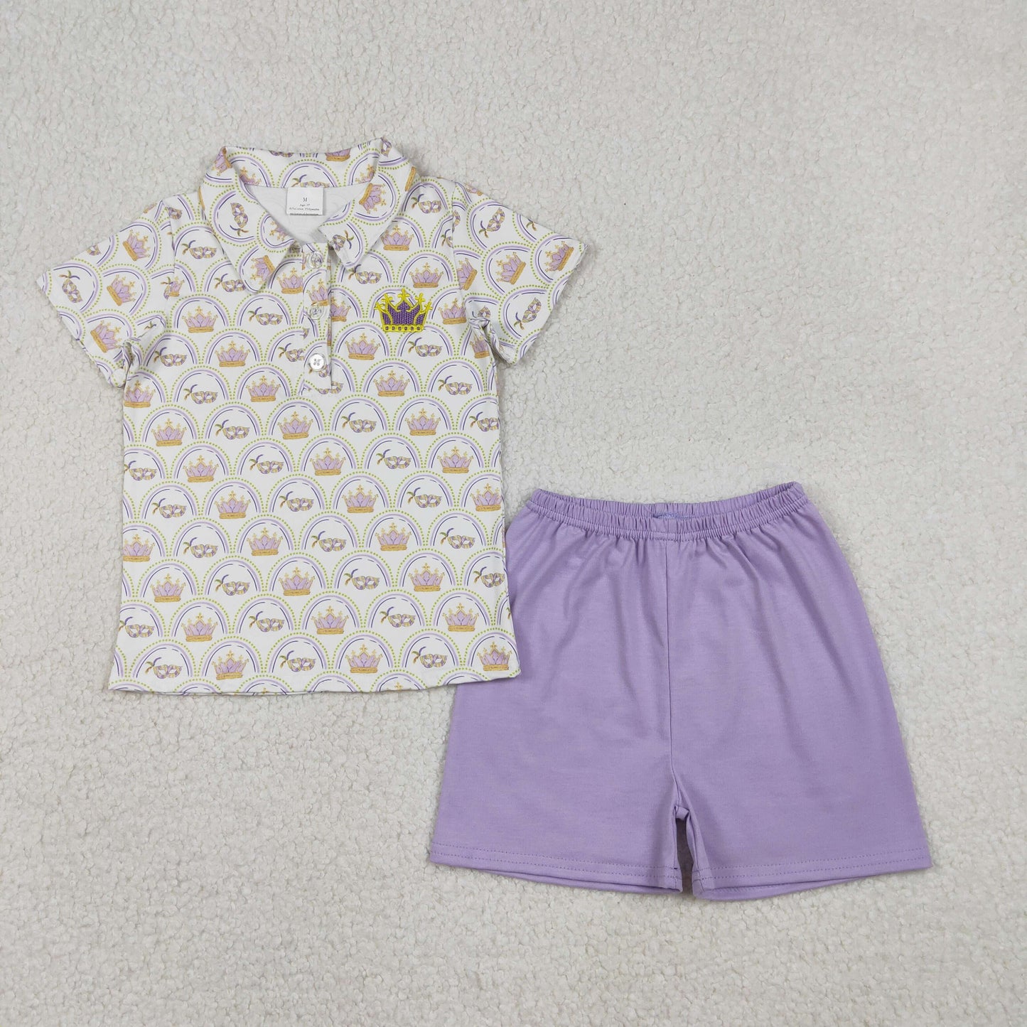 RTS NO MOQ（In Stock) Embroidered Carnival Crown Mask Button-Down Short-Sleeve Purple Shorts Set