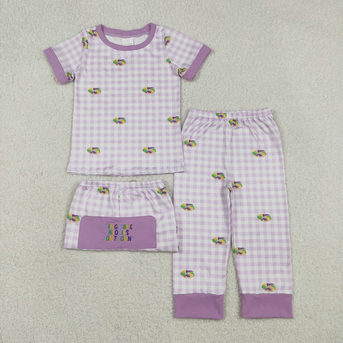 RTS NO MOQ（In Stock) Embroidered Carnival Donut Purple Plaid Short-Sleeved Pajama Set