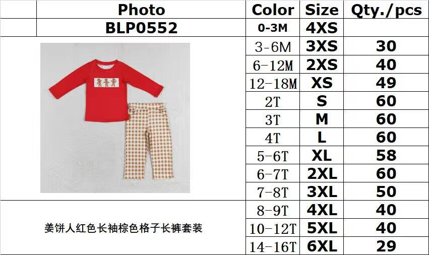 rts no moq BLP0552 Gingerbread man red long sleeve brown plaid trousers set