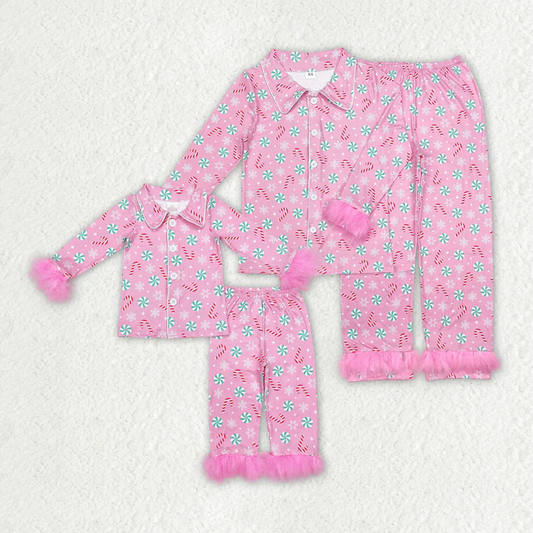 RTS NO MOQ Baby Girls and adults women Christmas Striped Candy Cane-Candy Pink Plush Button Long Sleeve Long Pants Pajama Set