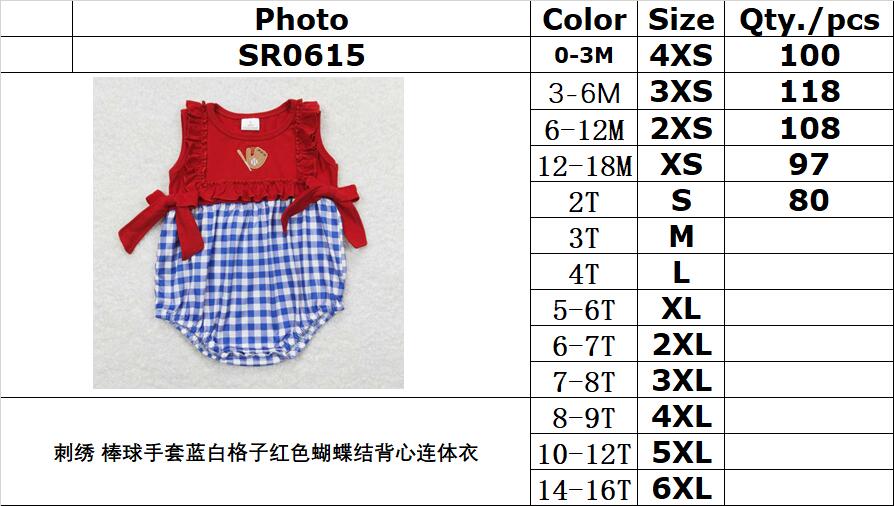 SR0615 Embroidered Baseball Gloves Blue White Plaid Red Bow Vest Jumpsuit