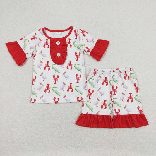 GSSO0689 Crocodile and Crayfish Red and White Lace Short Sleeve Shorts and Pajamas set