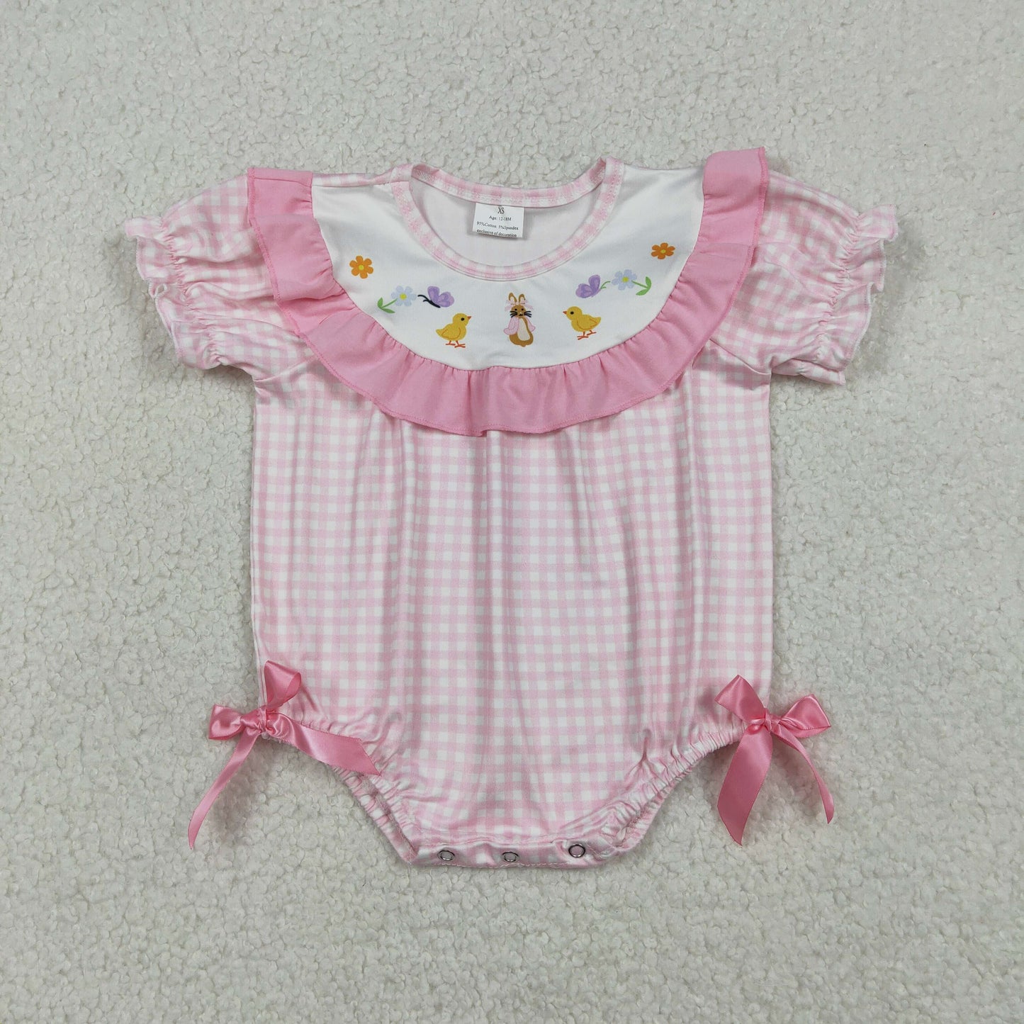 RTS NO MOQ（In Stock) Easter Butterfly, Chick, and Bunny Pink Plaid Short-Sleeve Jumpsuit